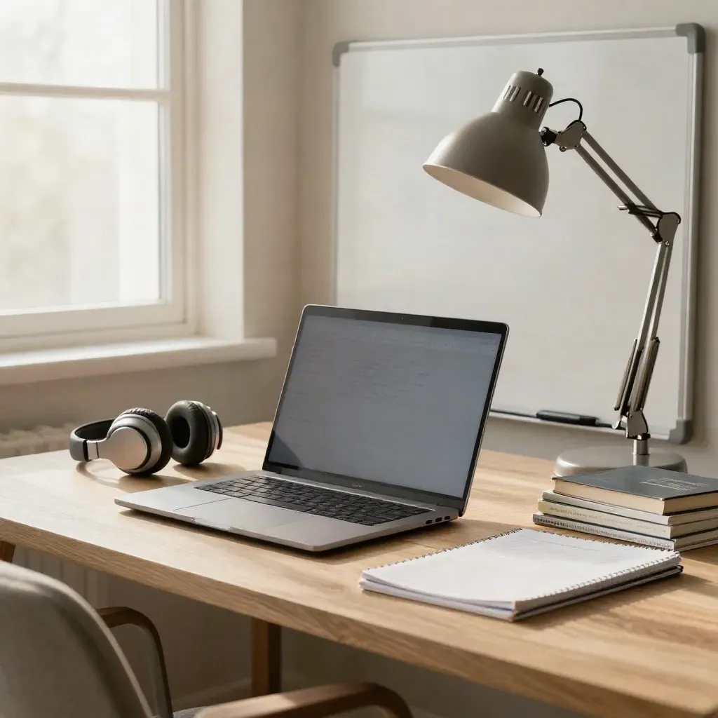 Quiet tutoring corner with laptop, headset, books, whiteboard, lamp, and notebook.