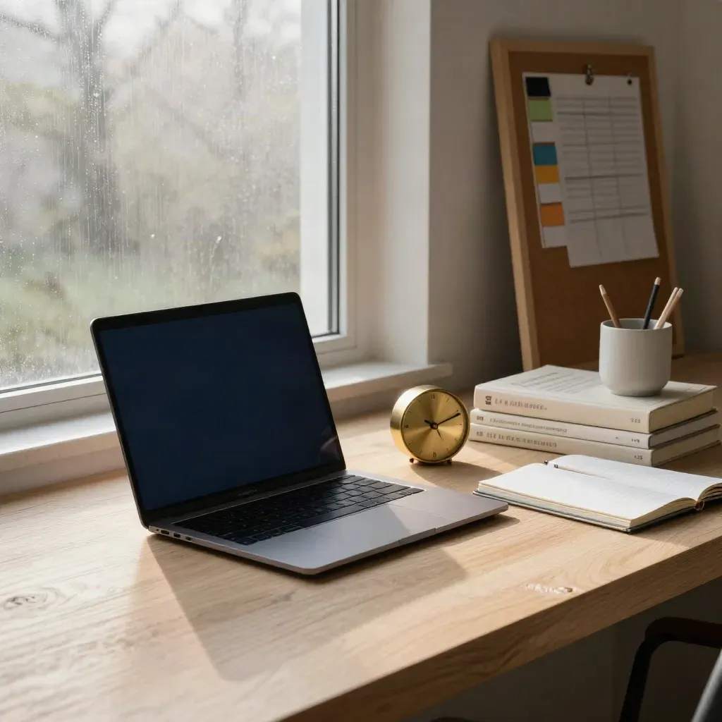 Navy laptop and study tools in a misty sunrise loft with books, timer, and progress board.