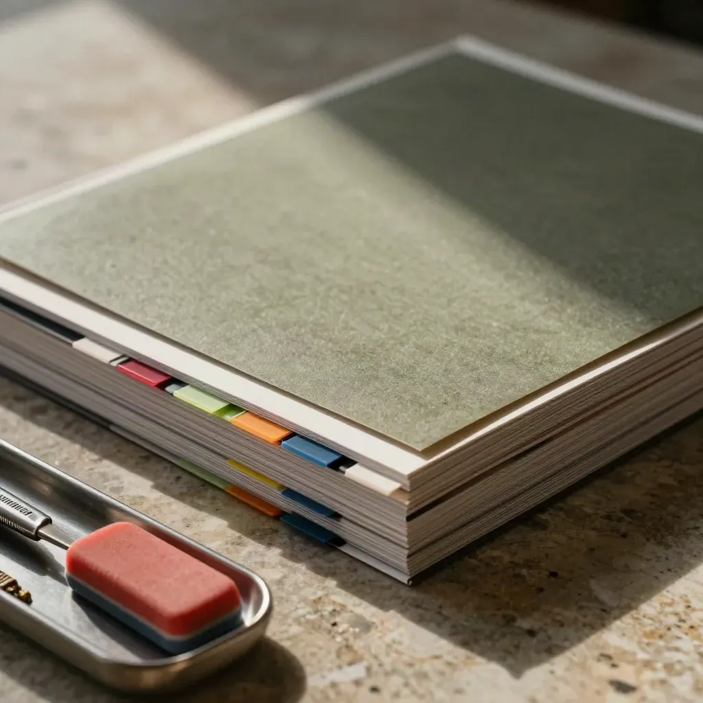 Face-down tabbed assessments, red eraser, and scoring tray on stone in dramatic haze