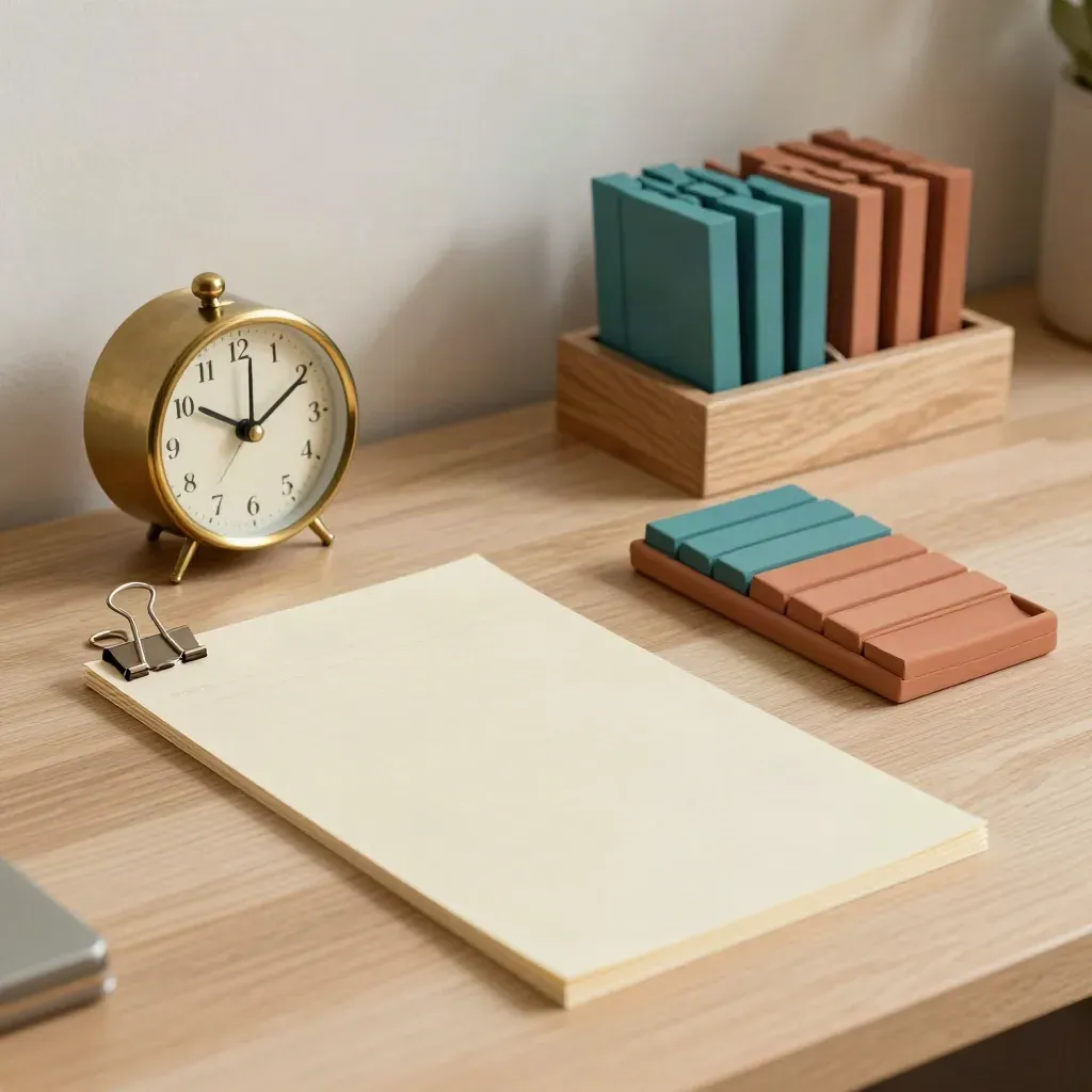 Brass clock, task cards, and teal time-block markers on a light wood productivity setup.