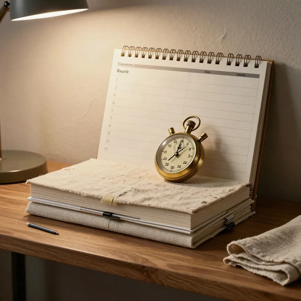 Closed course stack, stopwatch, and cleared planner on a warm study ledge.