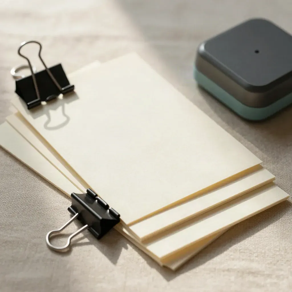 Macro of habit cards, binder clips and a slim timer on linen with teal accent.