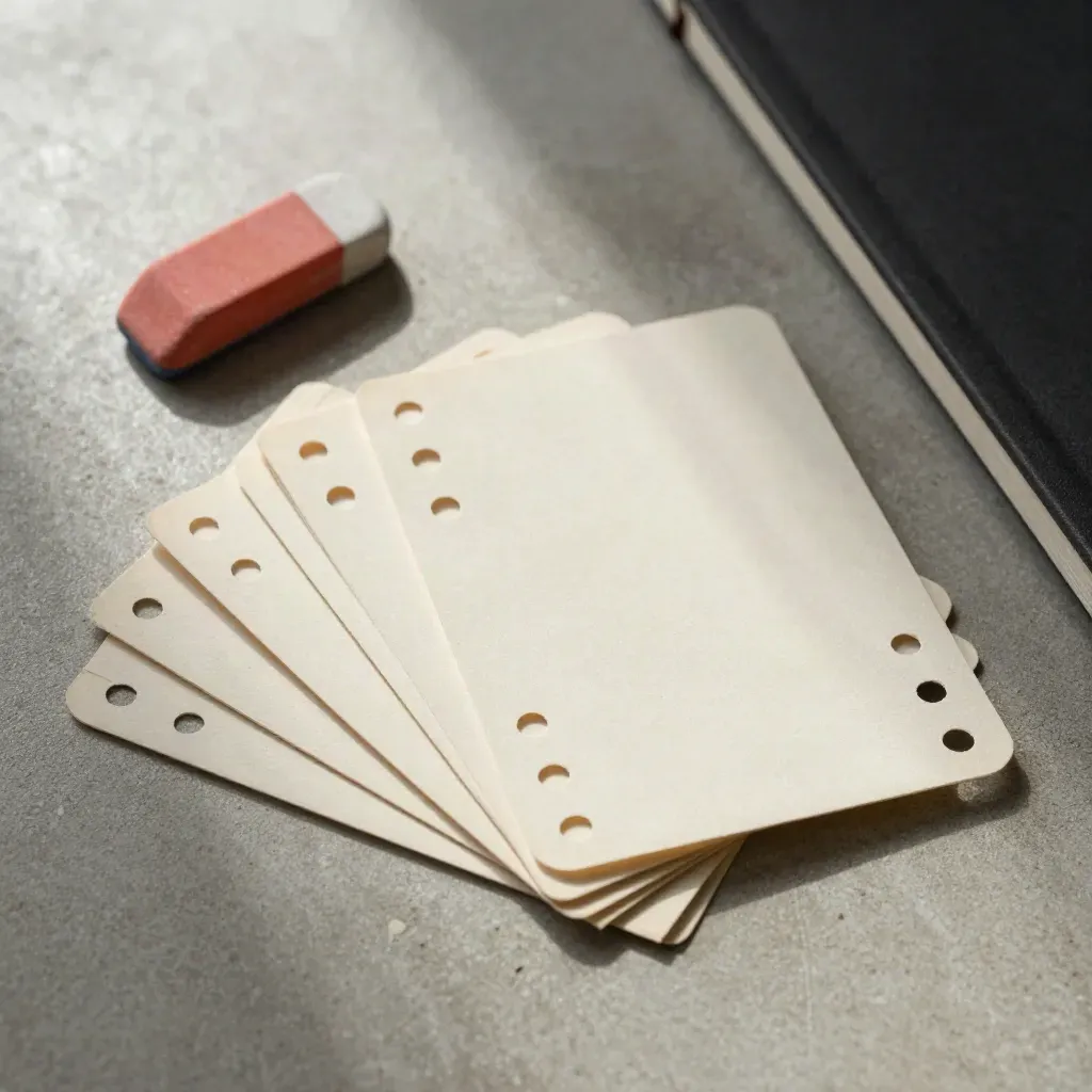 Overhead flatlay of tabbed study cards, a red eraser, and a notebook edge on pale concrete.
