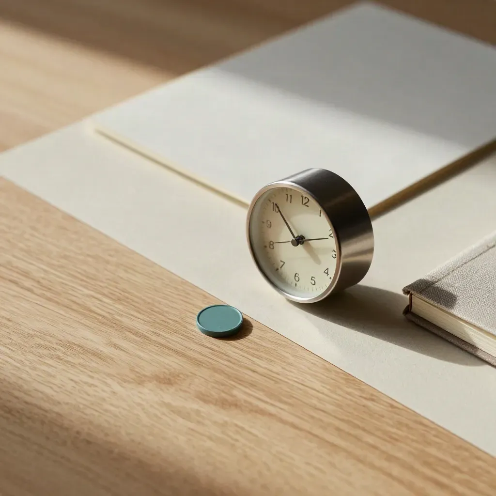 Weekly review tokens, slim clock, and linen notebook on pale oak with teal accent.