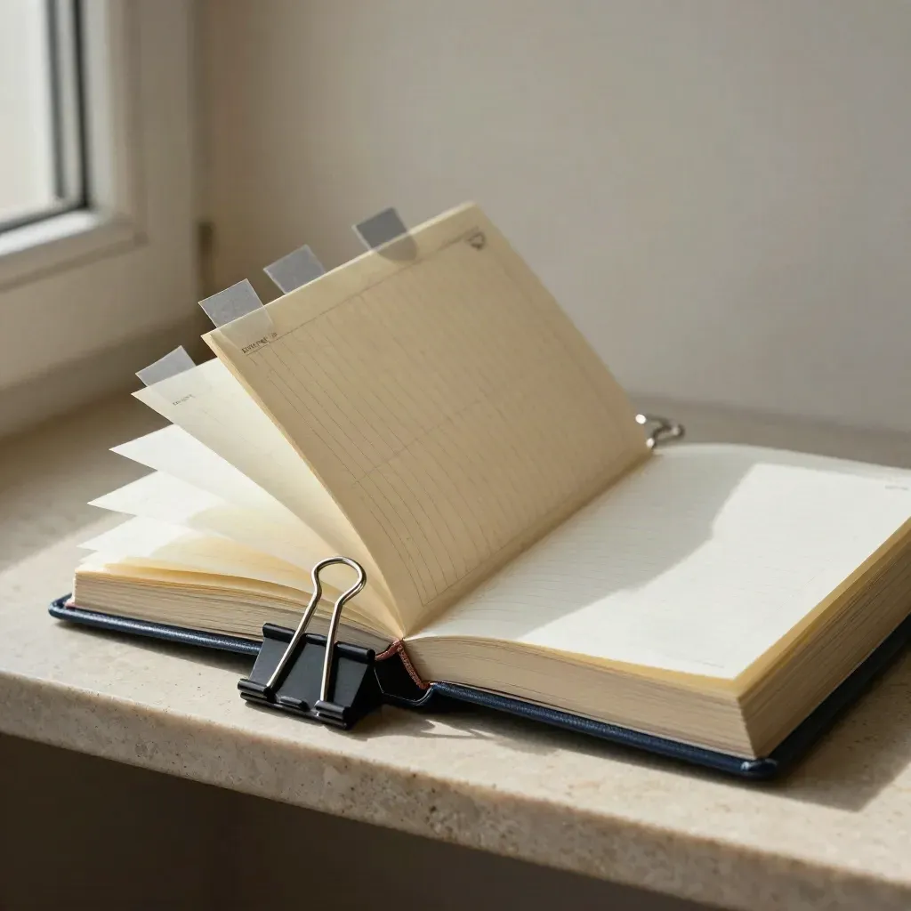 Open planner with sticky flags and binder clips on a limestone shelf in soft side light.